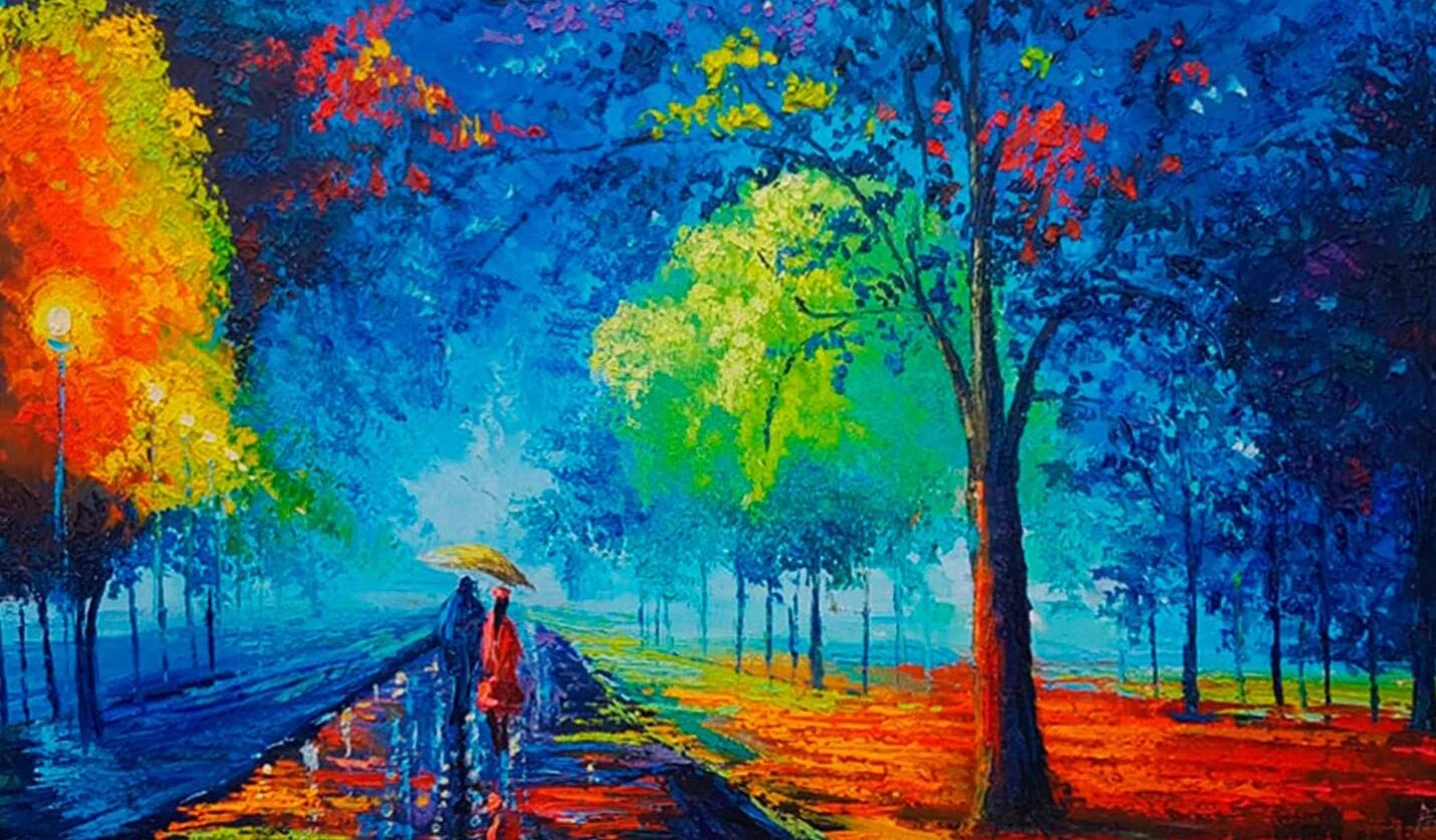 Noches coloridas, una pintura original de árboles y reflejos rojos, azules y amarillos, enmarcada en madera